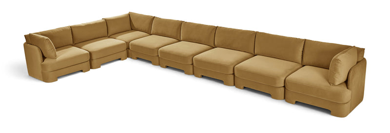 Velvet L-shaped sectional sofa in tan, 8-piece modular layout with corner chaise