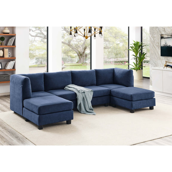 Blue upholstered modular sectional sofa with corner chaise and ottoman seats