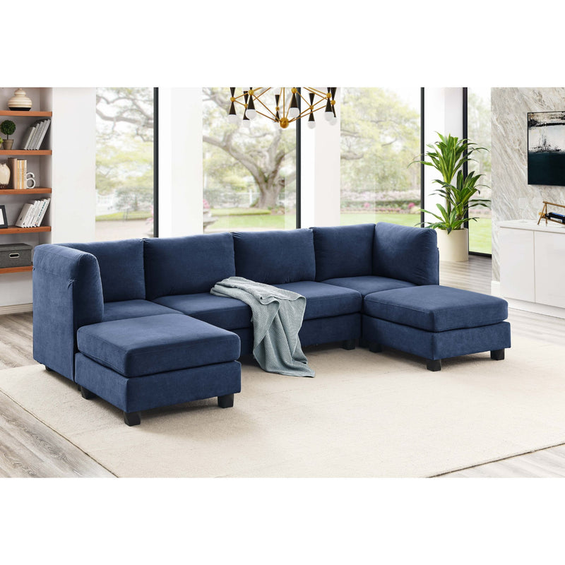 Blue upholstered modular sectional sofa with corner chaise and ottoman seats