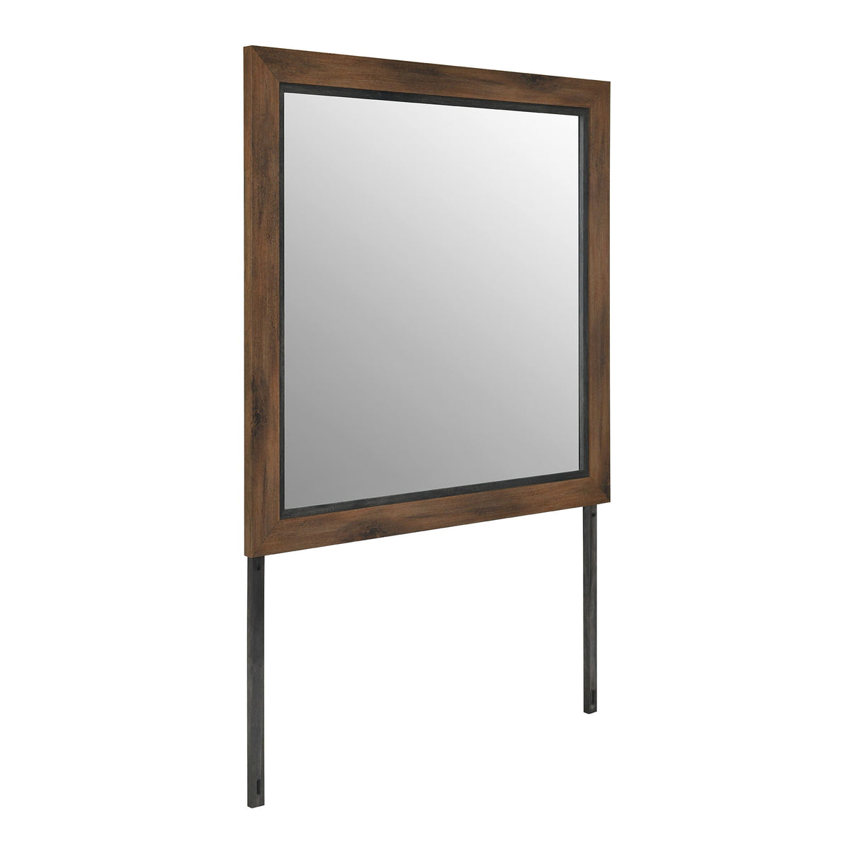 Standing mirror with brown wood frame and dark metal legs