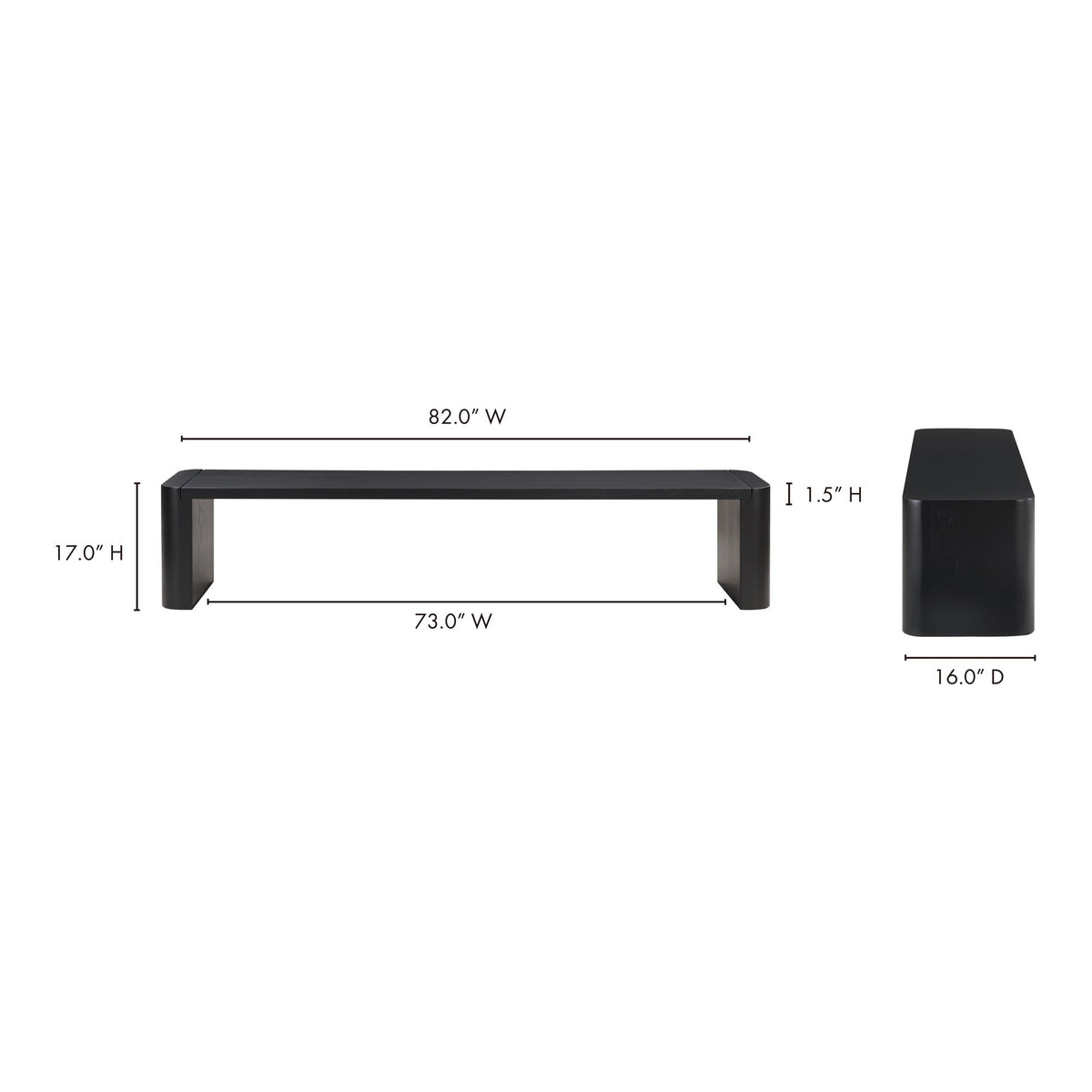 Black dining bench end view with tapered legs and smooth tabletop