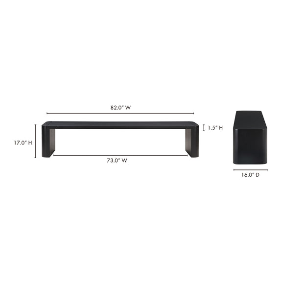 Black dining bench end view with tapered legs and smooth tabletop