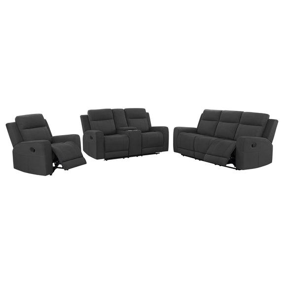 Dark gray reclining sofa set with manual recline, padded seats and cushioned armrests