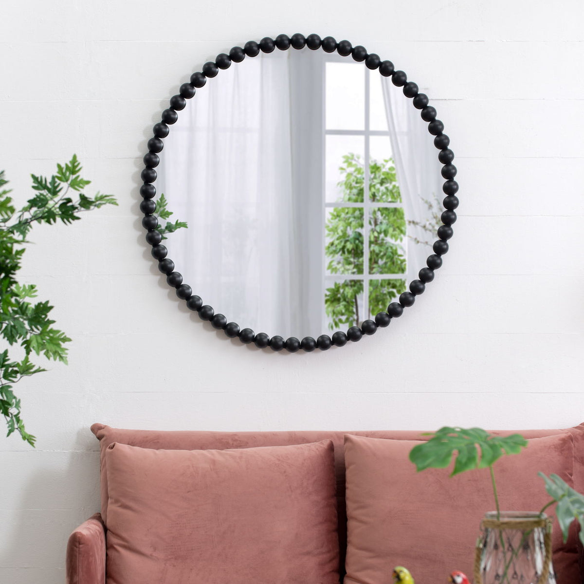 Circle Mirror With Metal Beaded Frame, Wall Mirror For Living Room Bedroom Entryway - Black