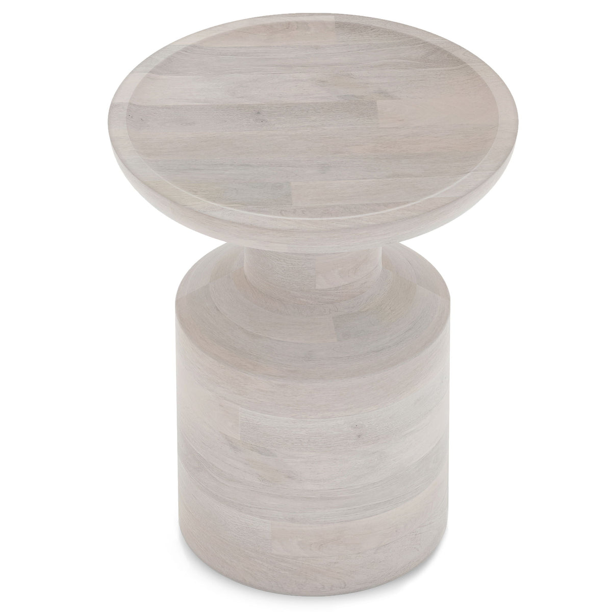 Light wood round pedestal accent table with smooth top and stacked cylindrical base