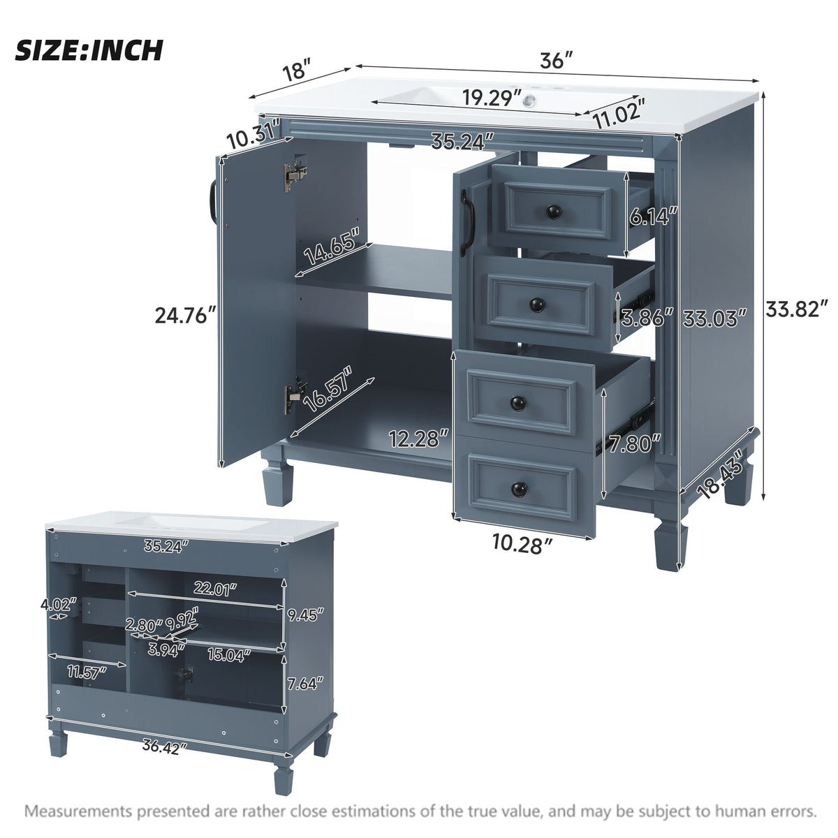 Blue vanity cabinet with open doors and drawers, adjustable shelf, and measurement labels