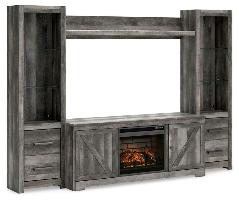 Gray TV stand entertainment center with glass-front fireplace insert, shelves, drawers