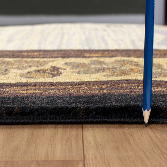 Rectangular lodge area rug close-up, cream and dark brown with gold stripe band