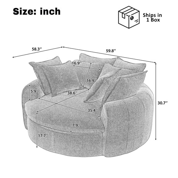 Round chaise sofa with throw pillows, shown with dimensions in inches