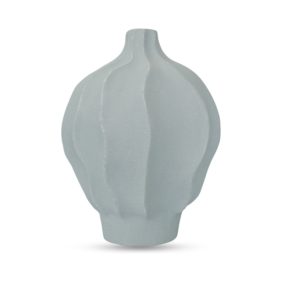 Blue ceramic vessel vase with textured finish, rounded shape, and narrow neck