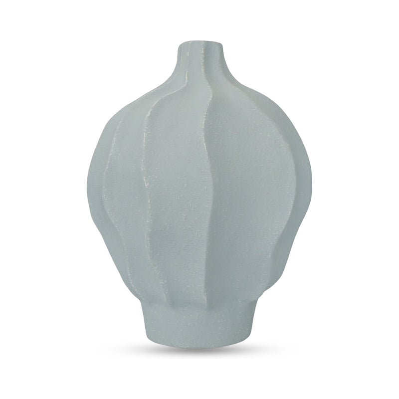 Blue ceramic vessel vase with textured finish, rounded shape, and narrow neck