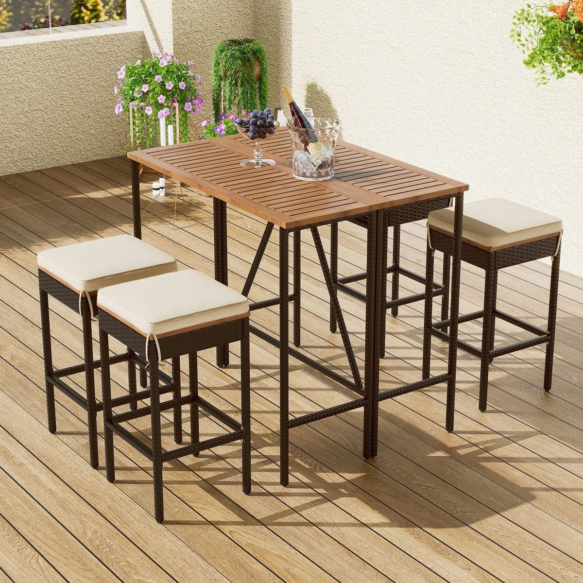 Outdoor Acacia Wood Bar Height Table And Eight Stools With Cushions