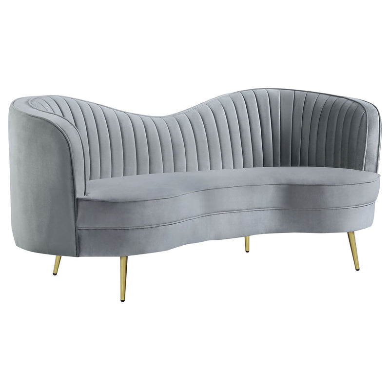Gray channel-tufted loveseat with rounded arms and gold-tone tapered legs
