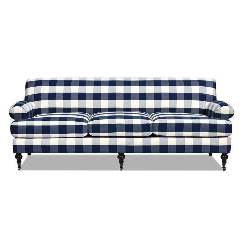 Blue and white plaid three-cushion sofa with rolled arms and turned wooden legs.