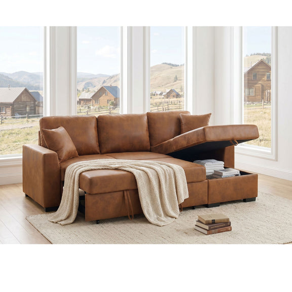 Light brown sectional sofa with pull-out bed and chaise storage, arm chaise section