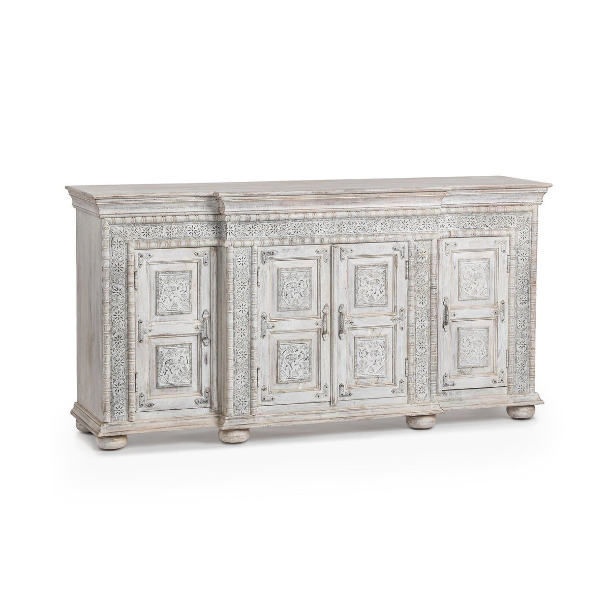 Heritage cream 4-door breakfront cabinet with decorative molding and embossed door panels