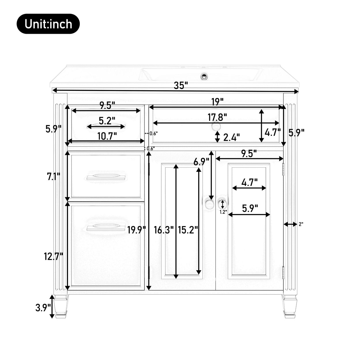 White bathroom vanity with sink layout and dimensions diagram, drawers and cabinet doors