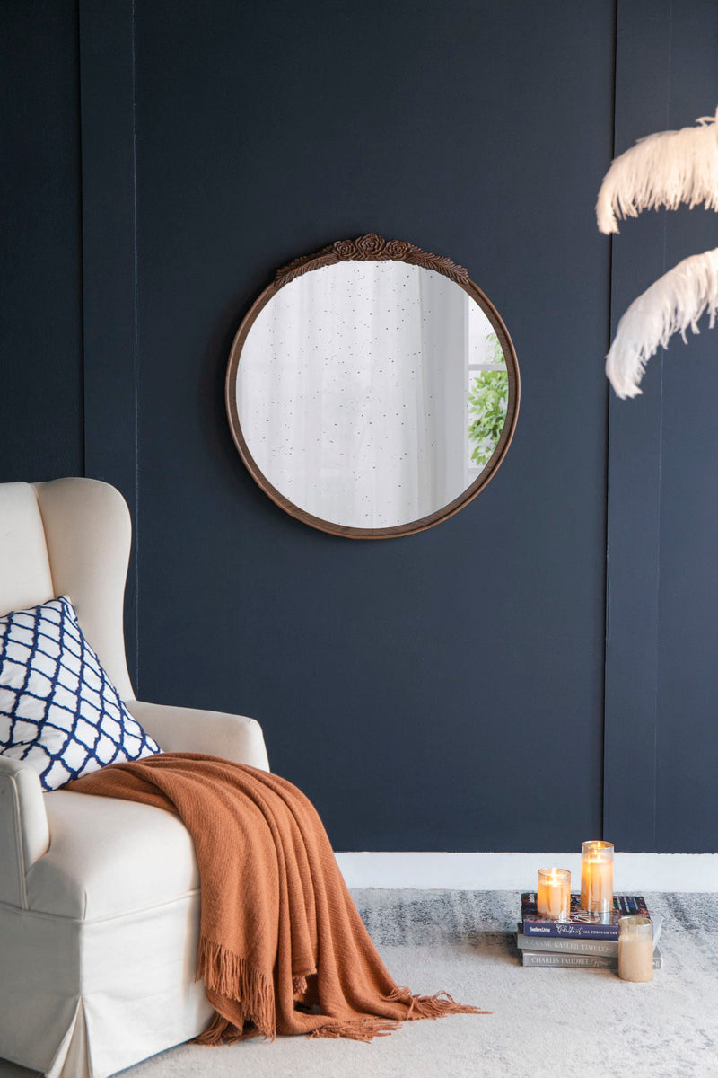 Round Hand Carved Rose Antique Mirror Frame, Wall Mirror For Live Space