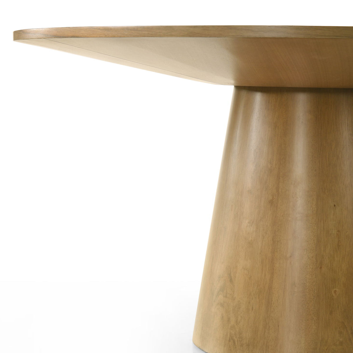 Light brown round dining table corner view with wide pedestal base