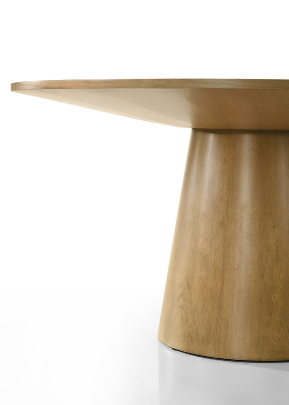 Light brown round dining table corner view with wide pedestal base
