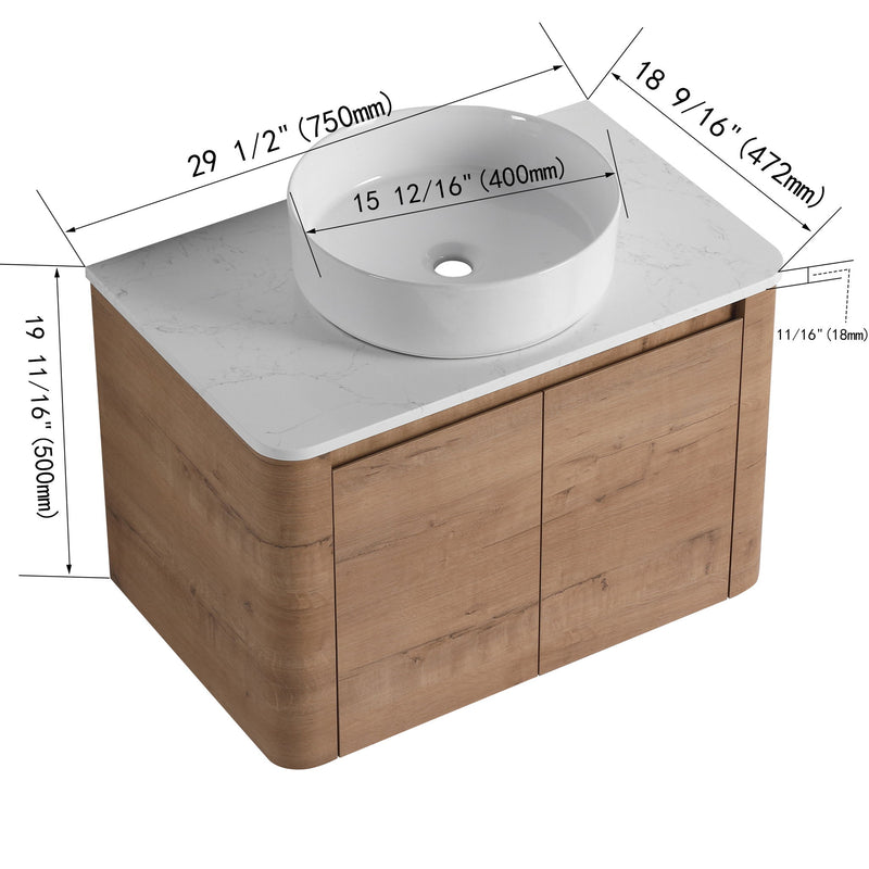 Bathroom vanity with white round vessel sink and 2-door cabinet, wood finish with size labels
