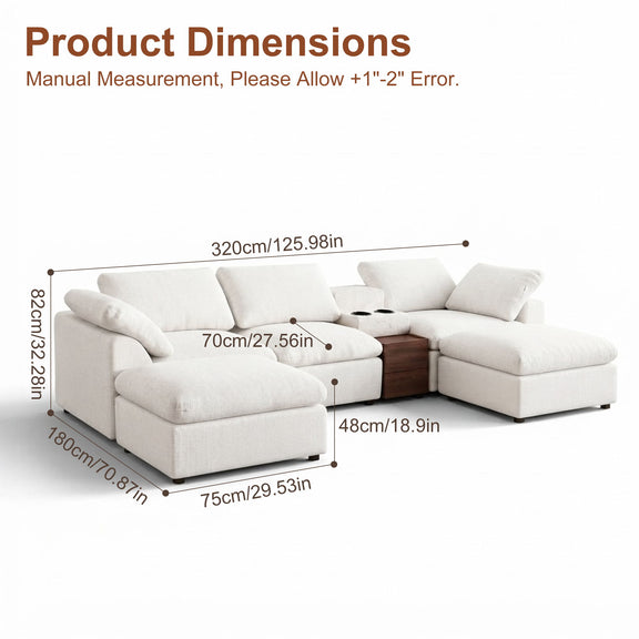White modular sectional sofa with storage console and chaise ottomans (dimensions shown)
