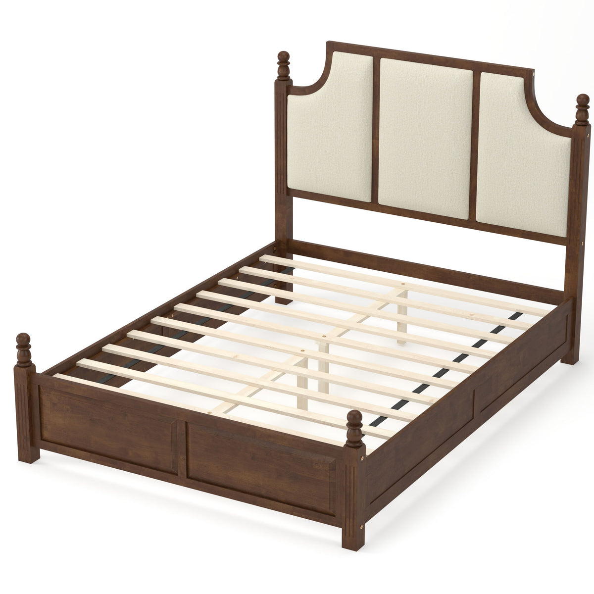 Dark brown platform bed with tall upholstered headboard, beige panels, slatted support