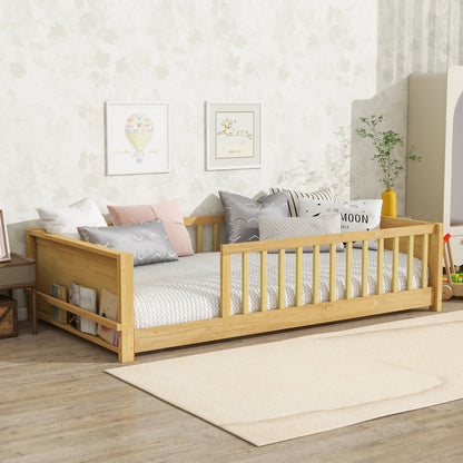 Twin size Floor Platform Bed with Built-in Book Rack, Natural