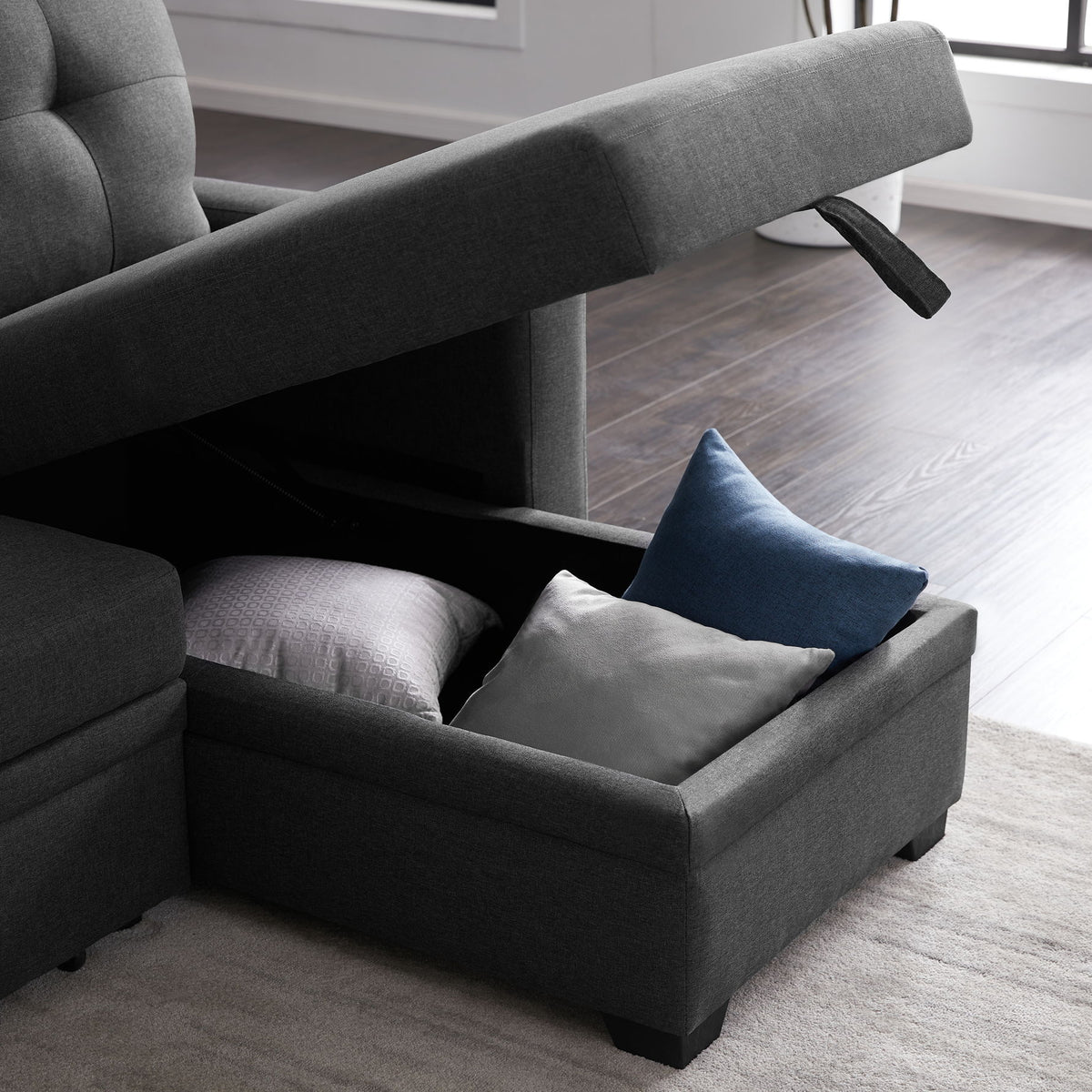 Upholstered Cushions Pull Out Sectional Sofa With Chaise
