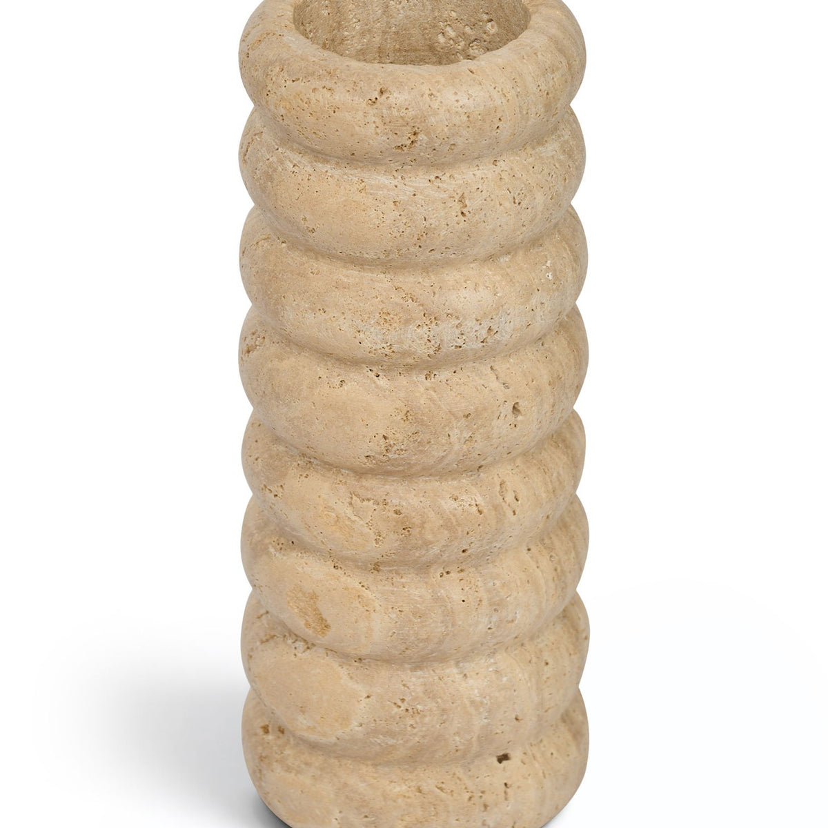 Travertine-style beige vase with stacked ridged bands and wide round opening