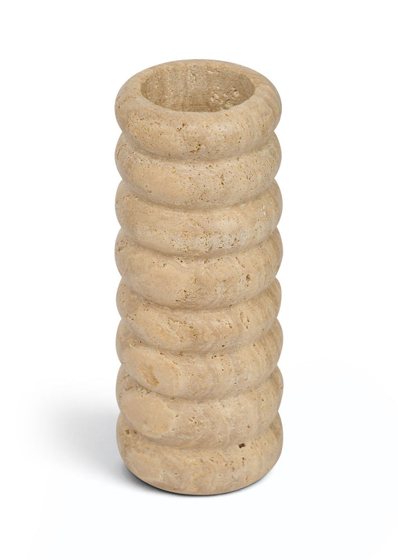 Travertine-style beige vase with stacked ridged bands and wide round opening
