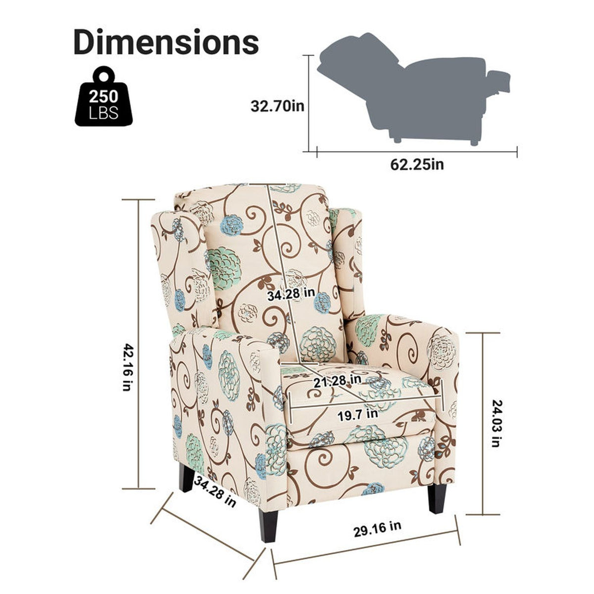 Beige recliner chair size diagram with labeled measurements