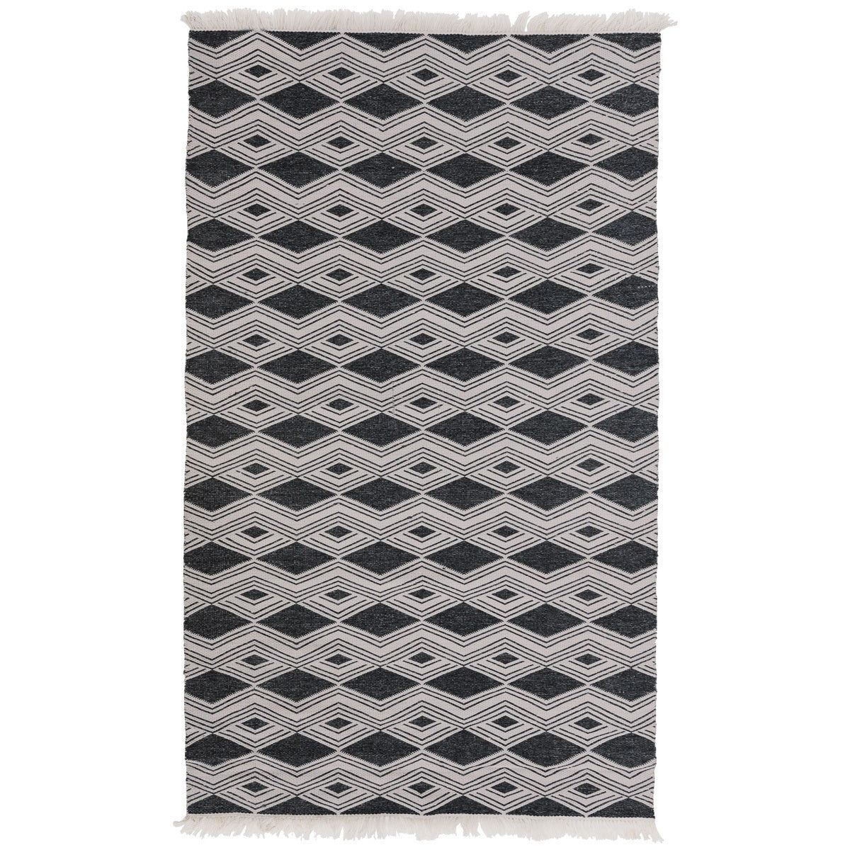 Rectangular indoor/outdoor rug with charcoal base and cream chevron diamond design