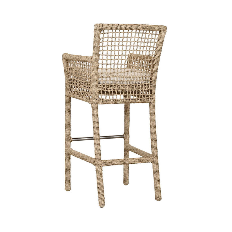 Natural rope bar stool with white cushion and crossed woven back detail