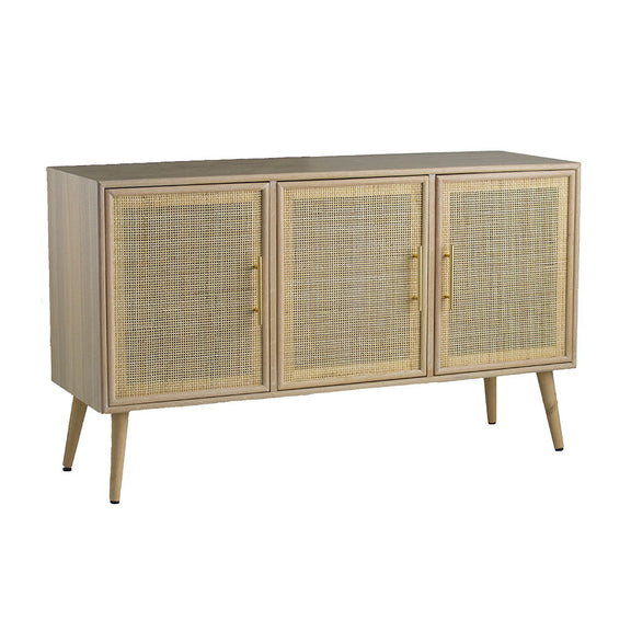 Angled view of a three-door wooden TV cabinet with woven panels