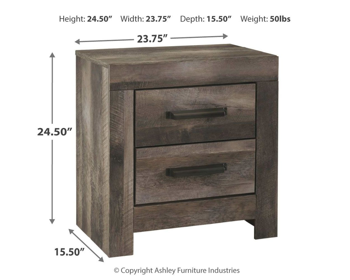 Gray two-drawer night stand with squared legs and two front bar drawer pulls