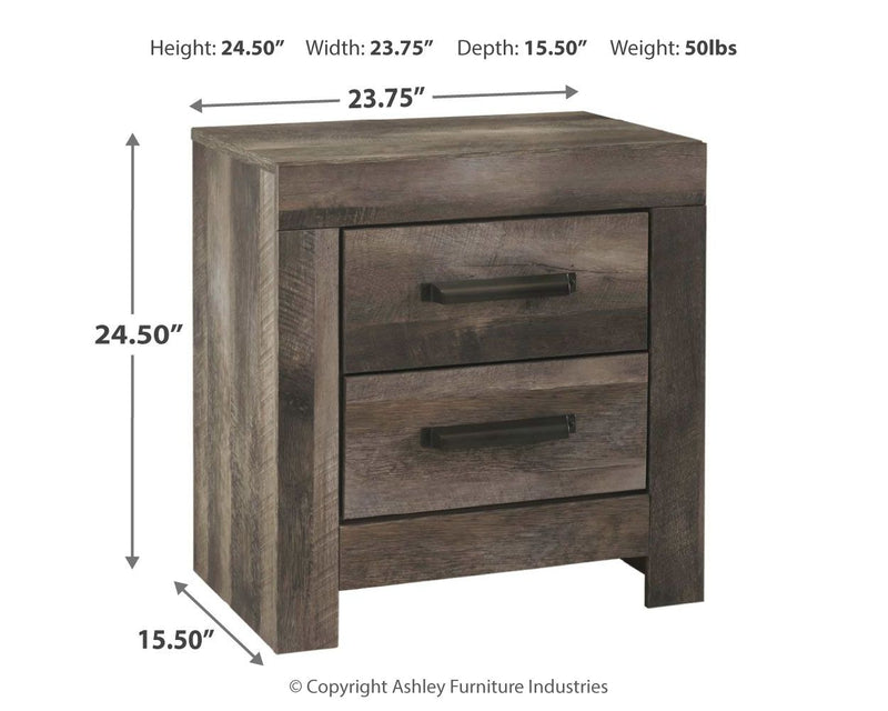Gray two-drawer night stand with squared legs and two front bar drawer pulls