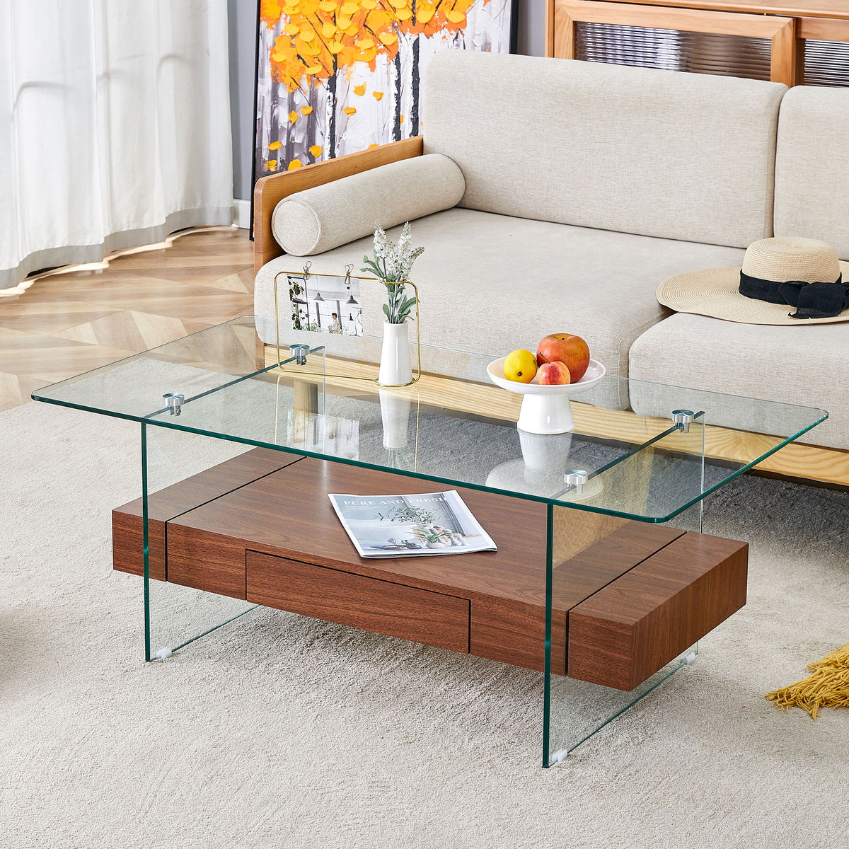 Modern 2 Tier Square Coffee Table, Elegant Marble Pattern