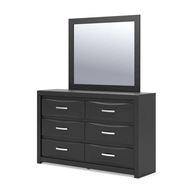 Black six-drawer dresser with square mirror on top and six drawers with bar pulls.