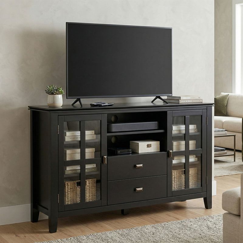 Dark gray TV media stand with center media shelf, two drawers, and glass-panel cabinet doors