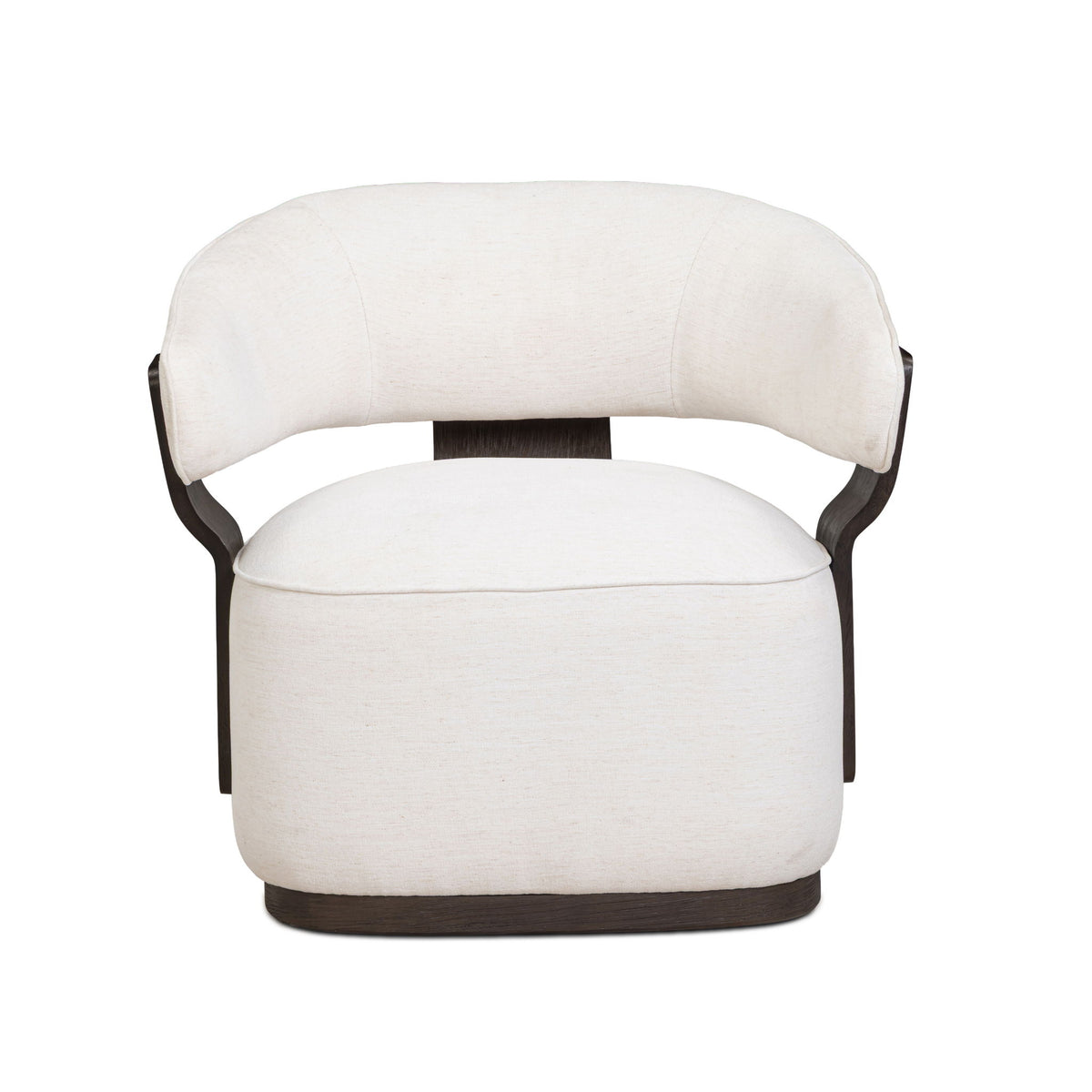 Swivel accent chair in off-white fabric with dark wood base and rounded armrests