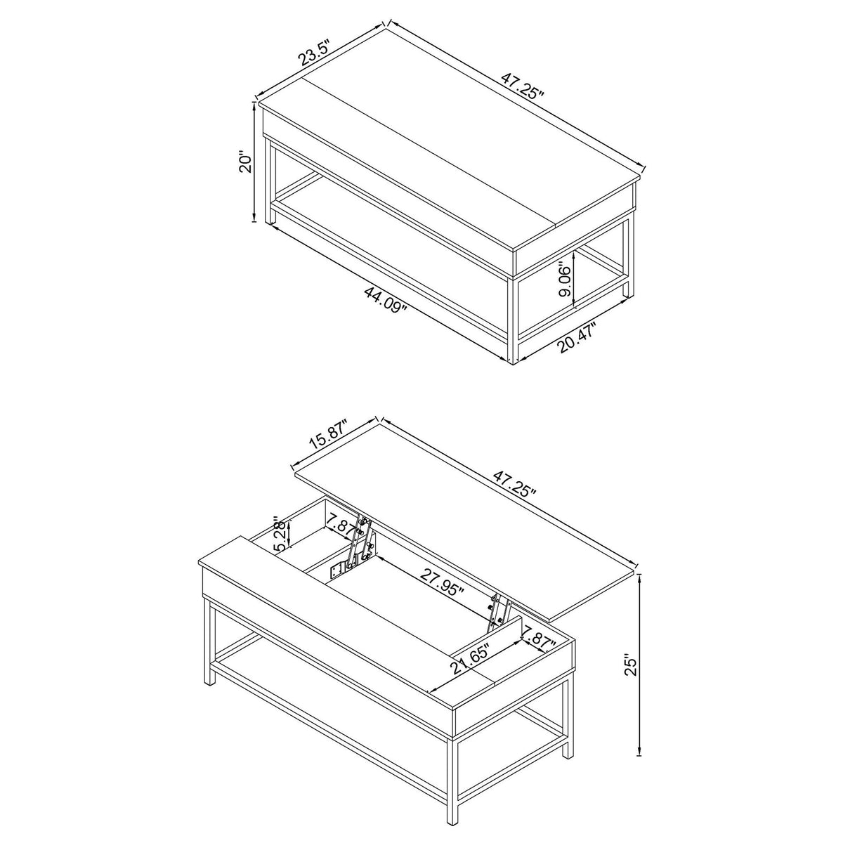 Lift-top coffee table dimensions diagram with two-tier frame and lift mechanism