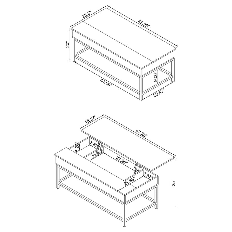 Lift-top coffee table dimensions diagram with two-tier frame and lift mechanism