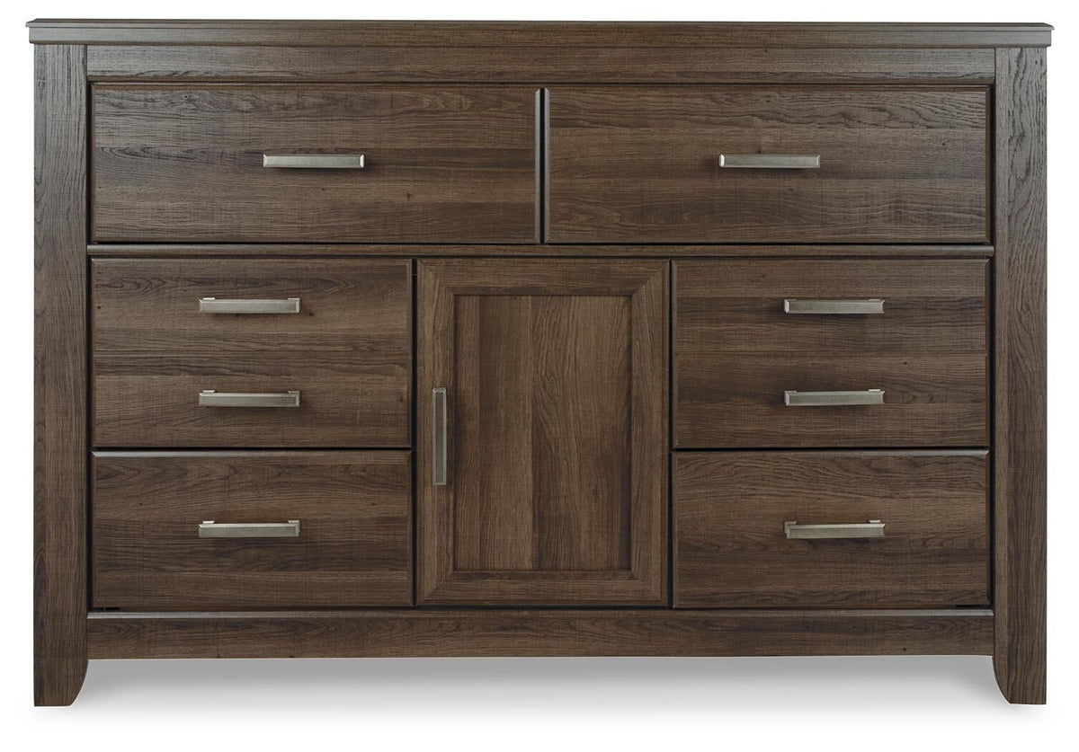 Dark brown wood dresser with center door and six drawers, silver bar handles.