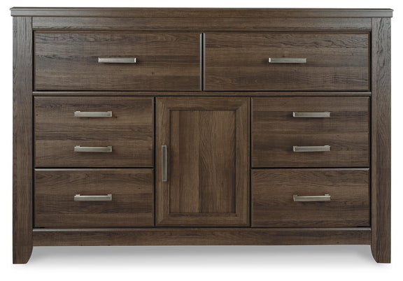 Dark brown wood dresser with center door and six drawers, silver bar handles.