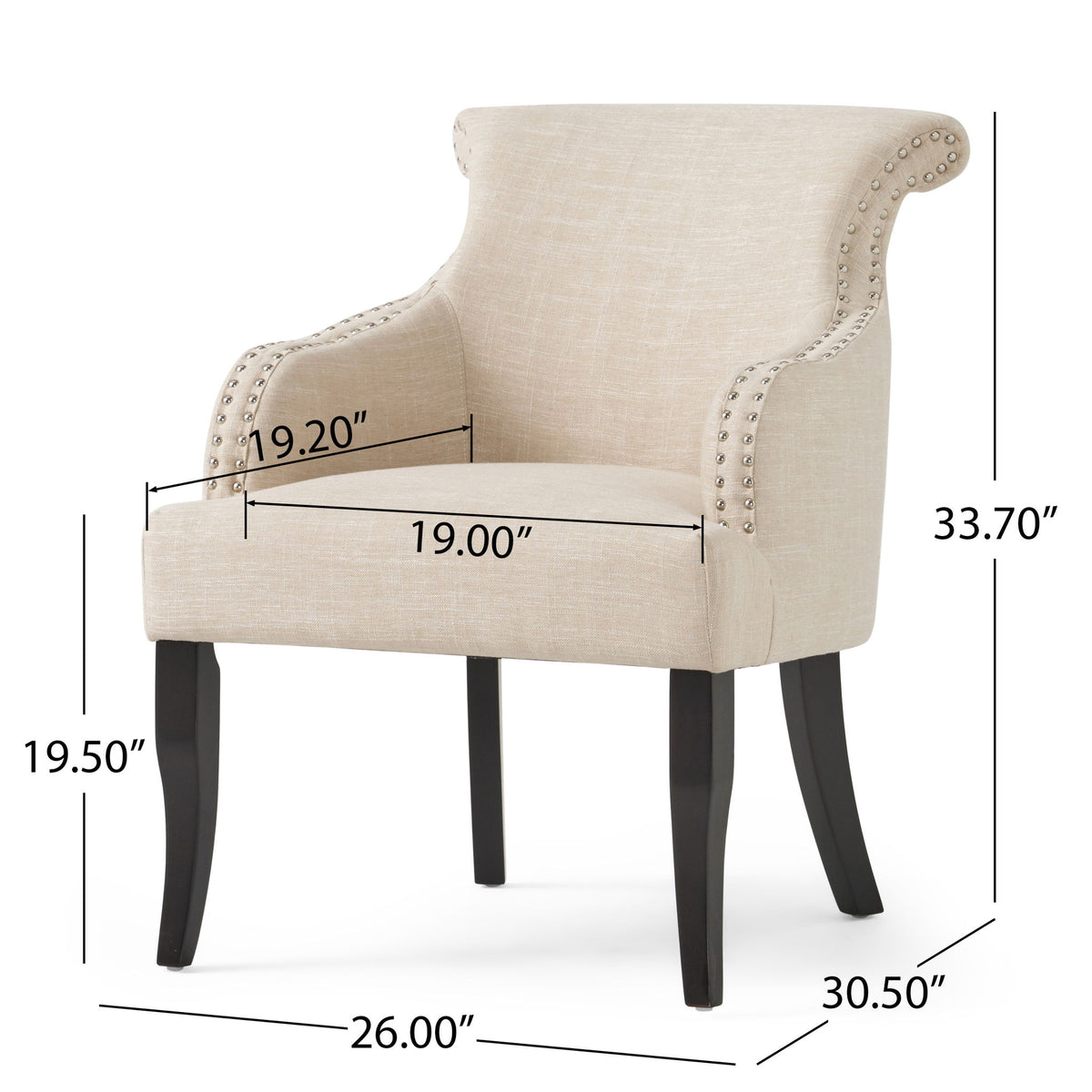 Upholstered Armchair With Rolled Back, Tapered Legs And Nailhead Trim - Light Beige