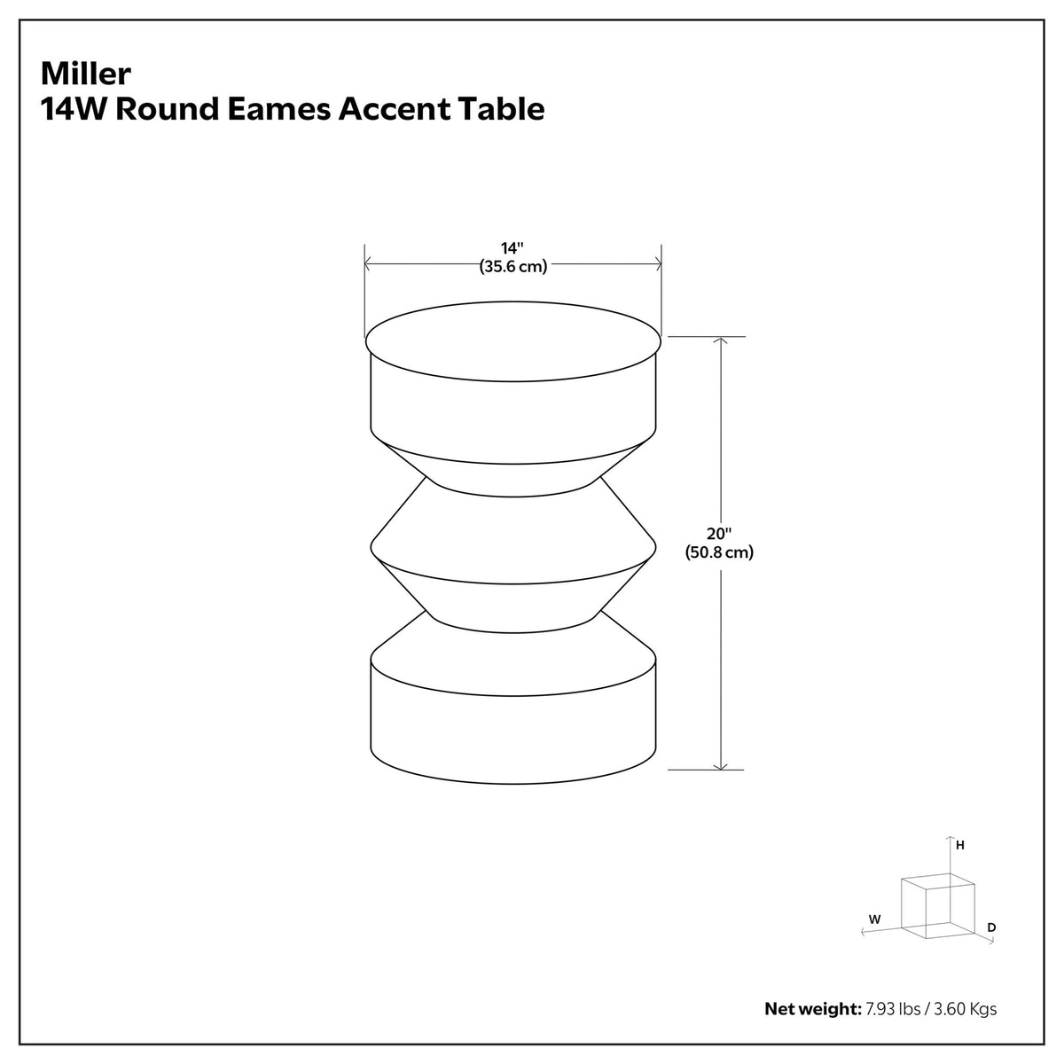Round accent table diagram with brass-tone top, black base, 14 in width and 20.8 in height