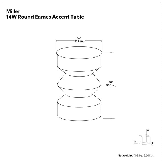 Round accent table diagram with brass-tone top, black base, 14 in width and 20.8 in height