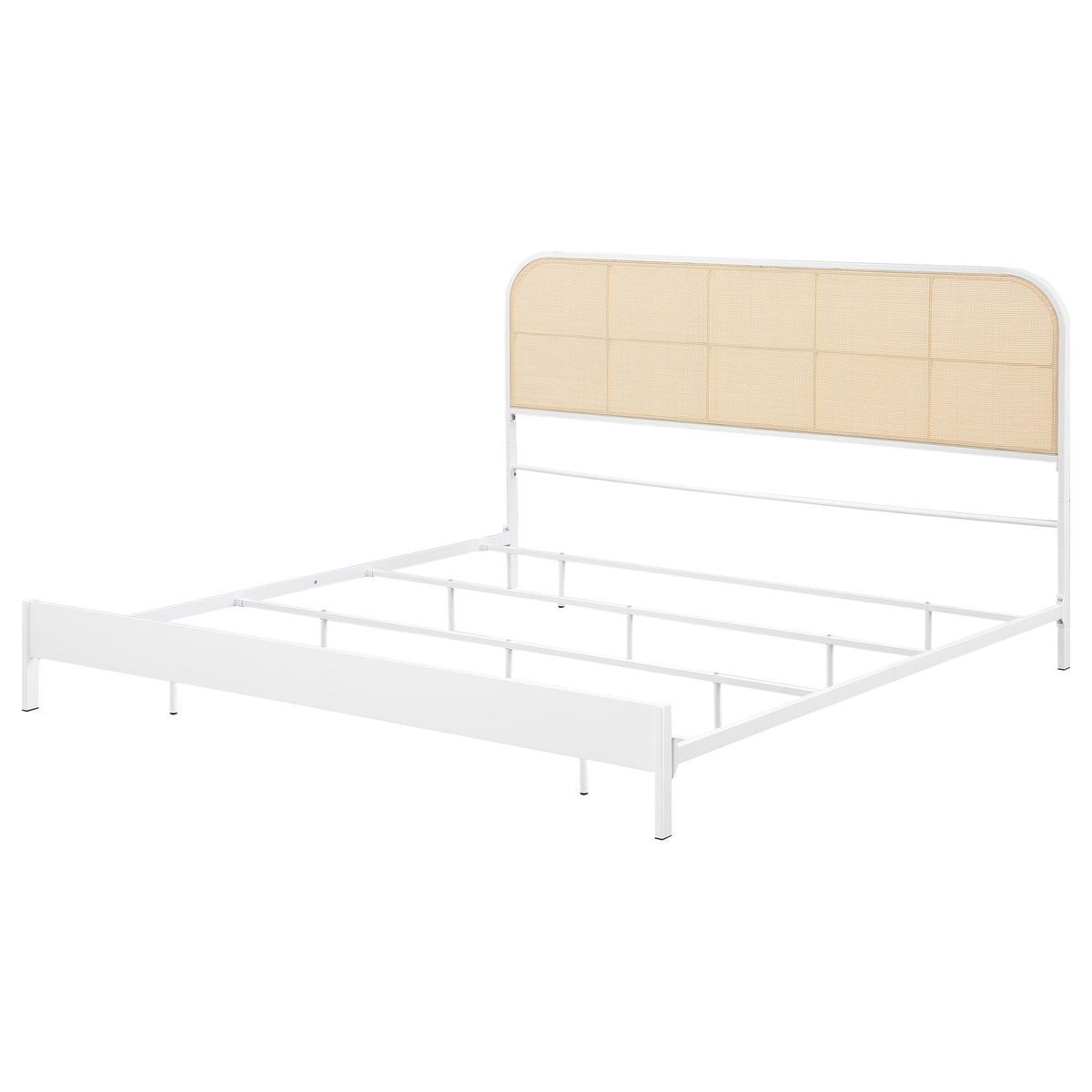 White bed frame with tan woven headboard featuring grid stitching and slatted base.