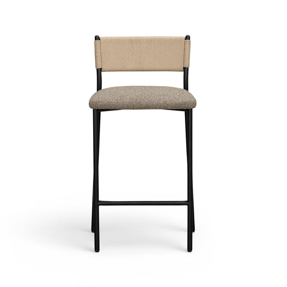 Celine boucle bar stool with beige upholstered seat and back, black metal legs.